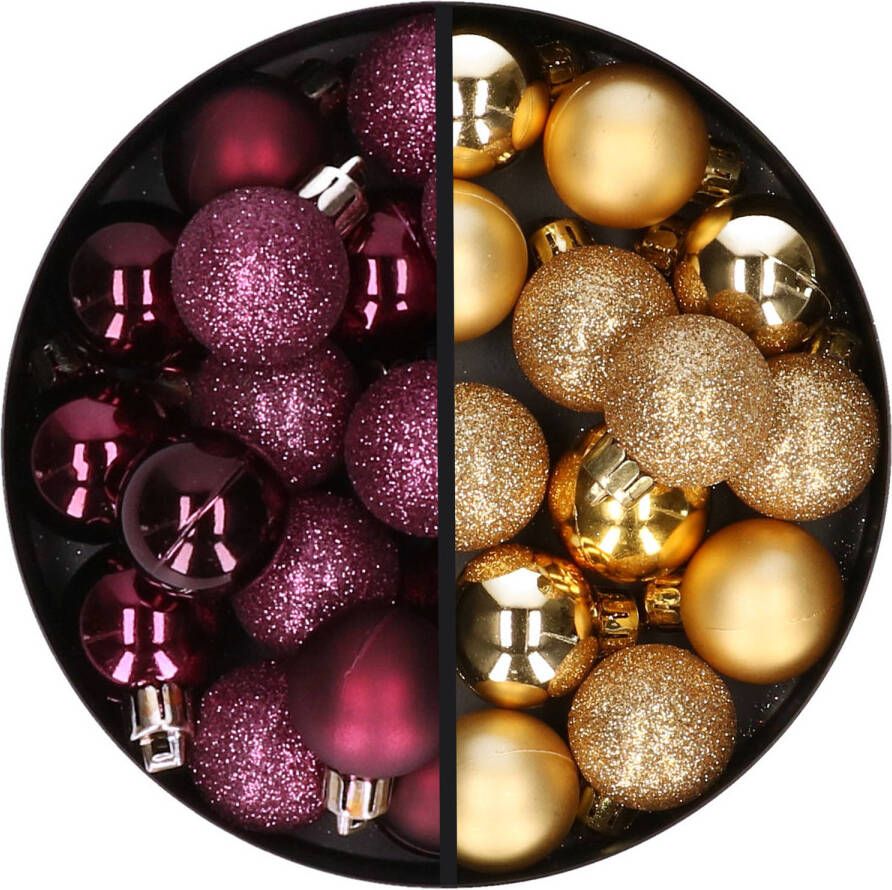 Merkloos 34x stuks kunststof kerstballen aubergine paars en goud 3 cm Kerstbal