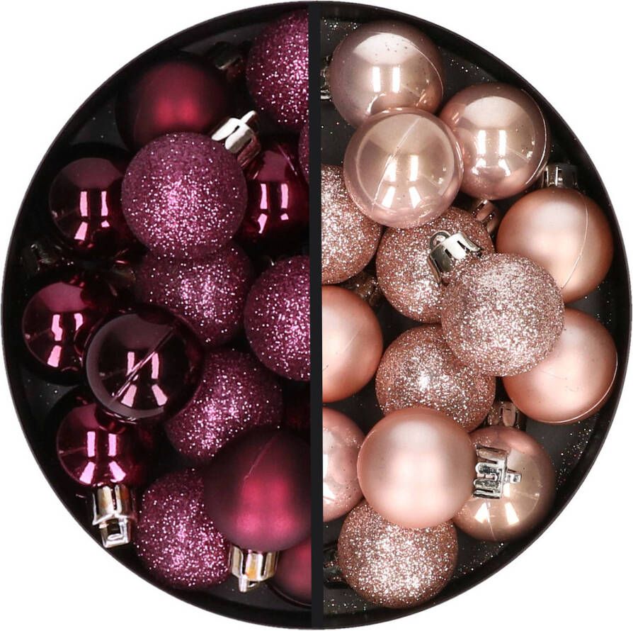 Merkloos 34x stuks kunststof kerstballen aubergine paars en lichtroze 3 cm Kerstbal