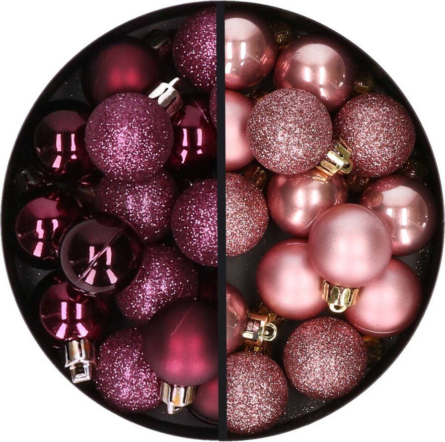 Merkloos 34x stuks kunststof kerstballen aubergine paars en oudroze 3 cm Kerstbal