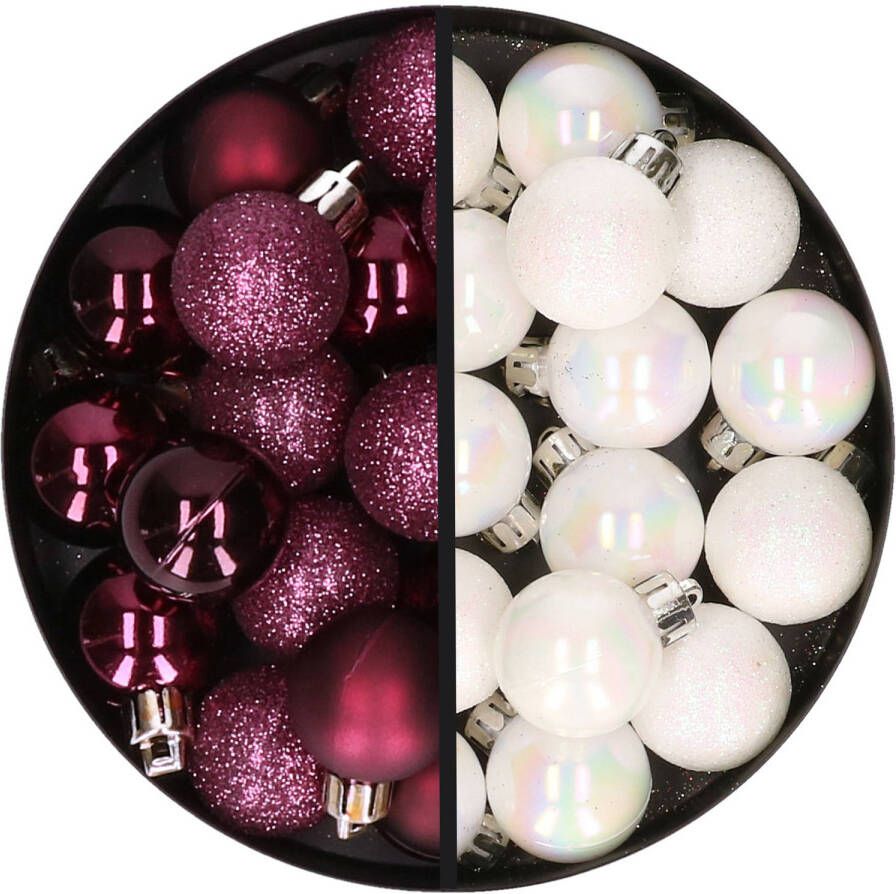 Merkloos 34x stuks kunststof kerstballen aubergine paars en parelmoer wit 3 cm Kerstbal