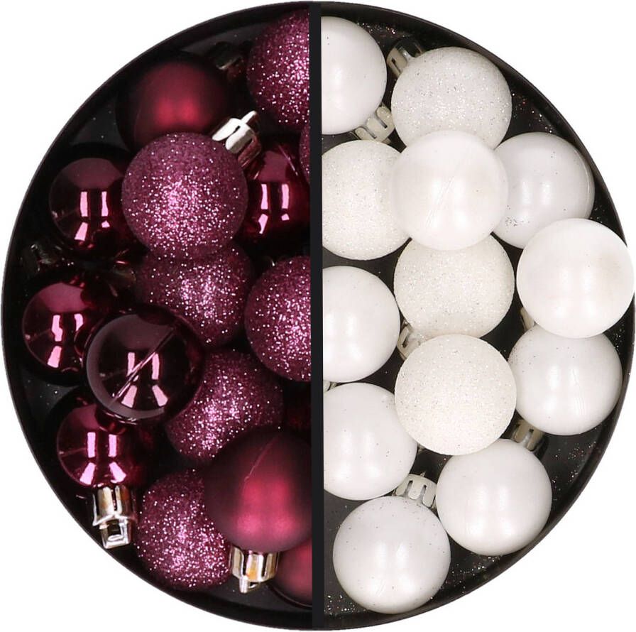 Merkloos 34x stuks kunststof kerstballen aubergine paars en wit 3 cm Kerstbal