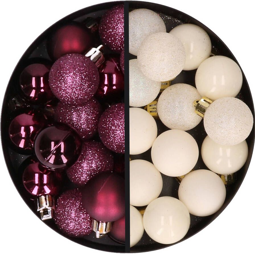 Merkloos 34x stuks kunststof kerstballen aubergine paars en wolwit 3 cm Kerstbal