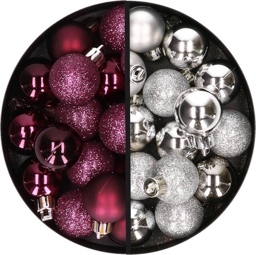 Merkloos 34x stuks kunststof kerstballen aubergine paars en zilver 3 cm Kerstbal