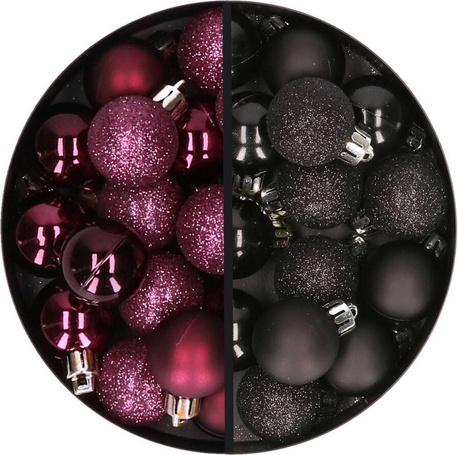 Merkloos 34x stuks kunststof kerstballen aubergine paars en zwart 3 cm Kerstbal