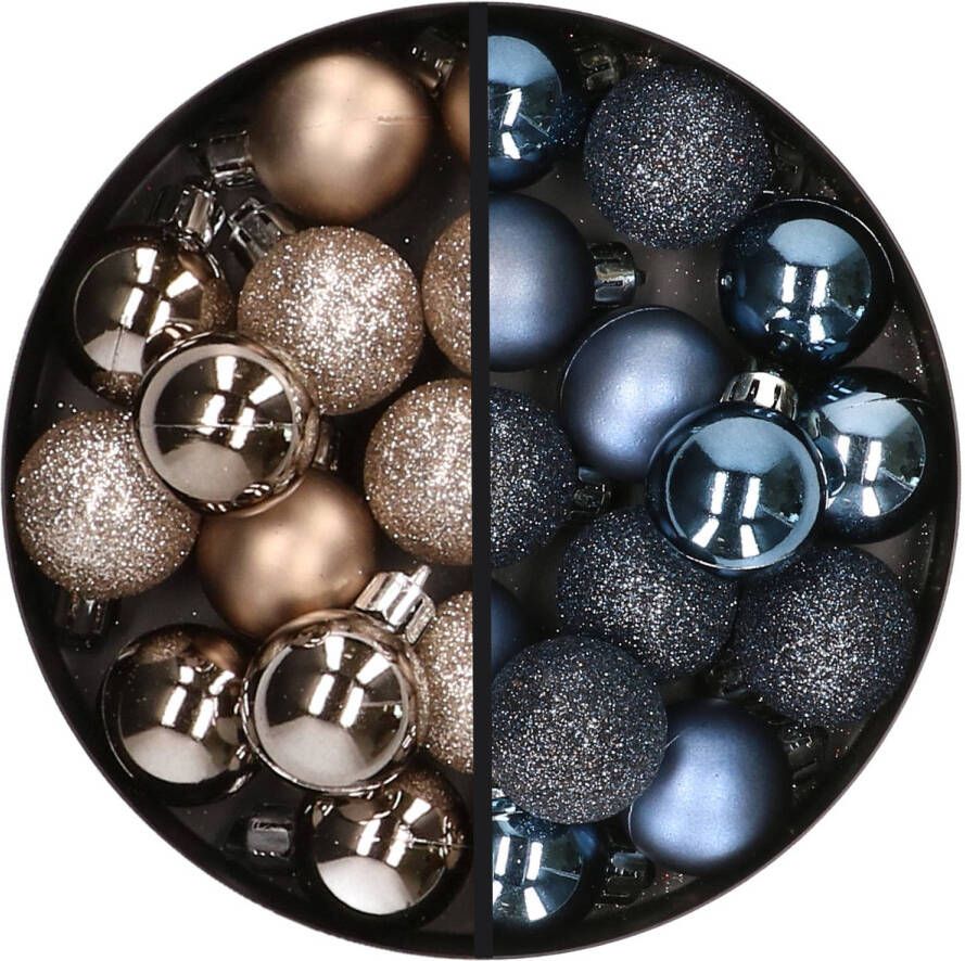 Merkloos 34x stuks kunststof kerstballen champagne en donkerblauw 3 cm Kerstbal