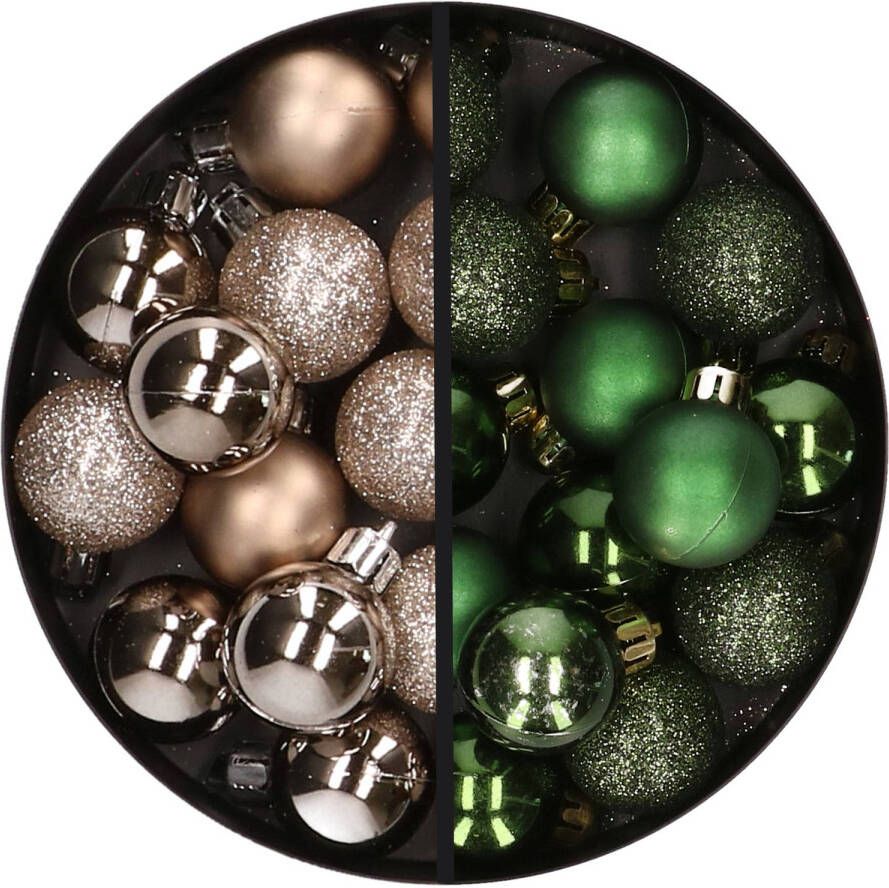 Merkloos 34x stuks kunststof kerstballen champagne en donkergroen 3 cm Kerstbal