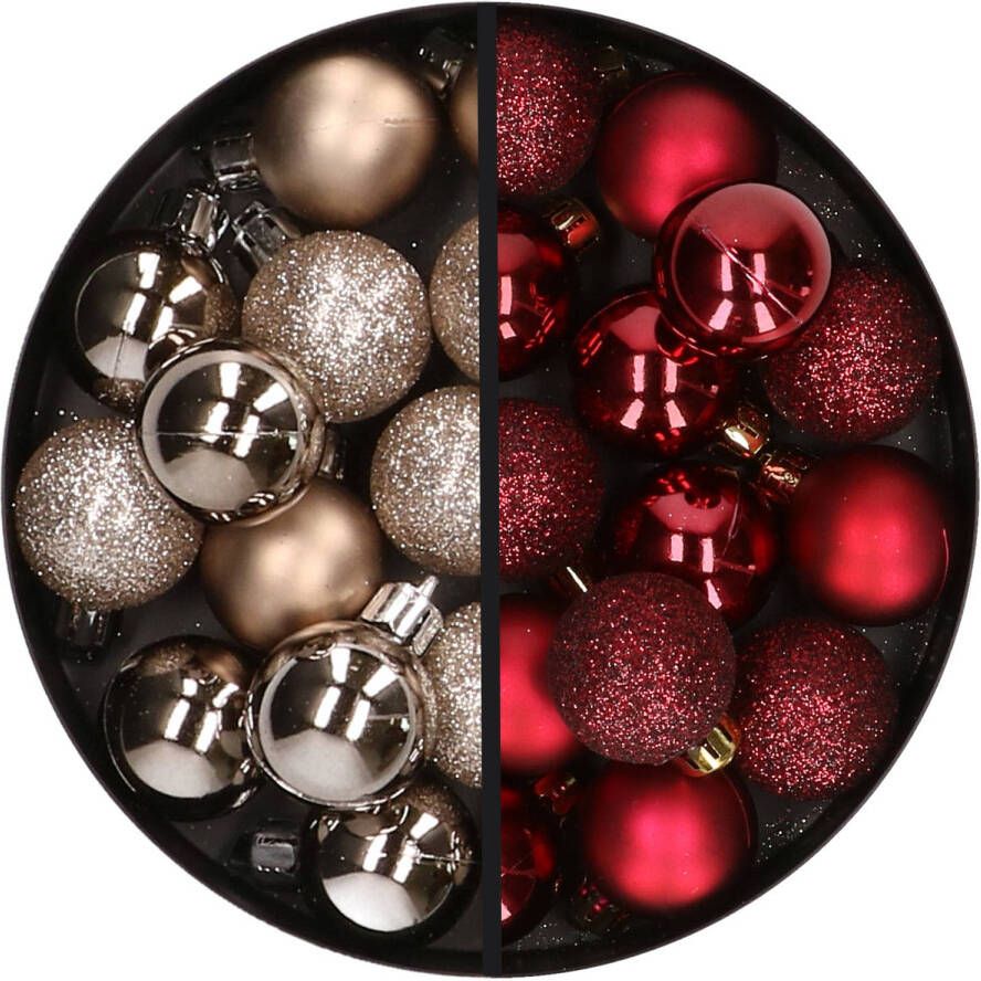 Merkloos 34x stuks kunststof kerstballen champagne en donkerrood 3 cm Kerstbal