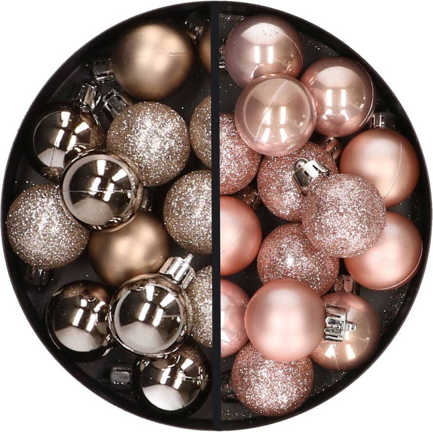 Merkloos 34x stuks kunststof kerstballen champagne en lichtroze 3 cm Kerstbal