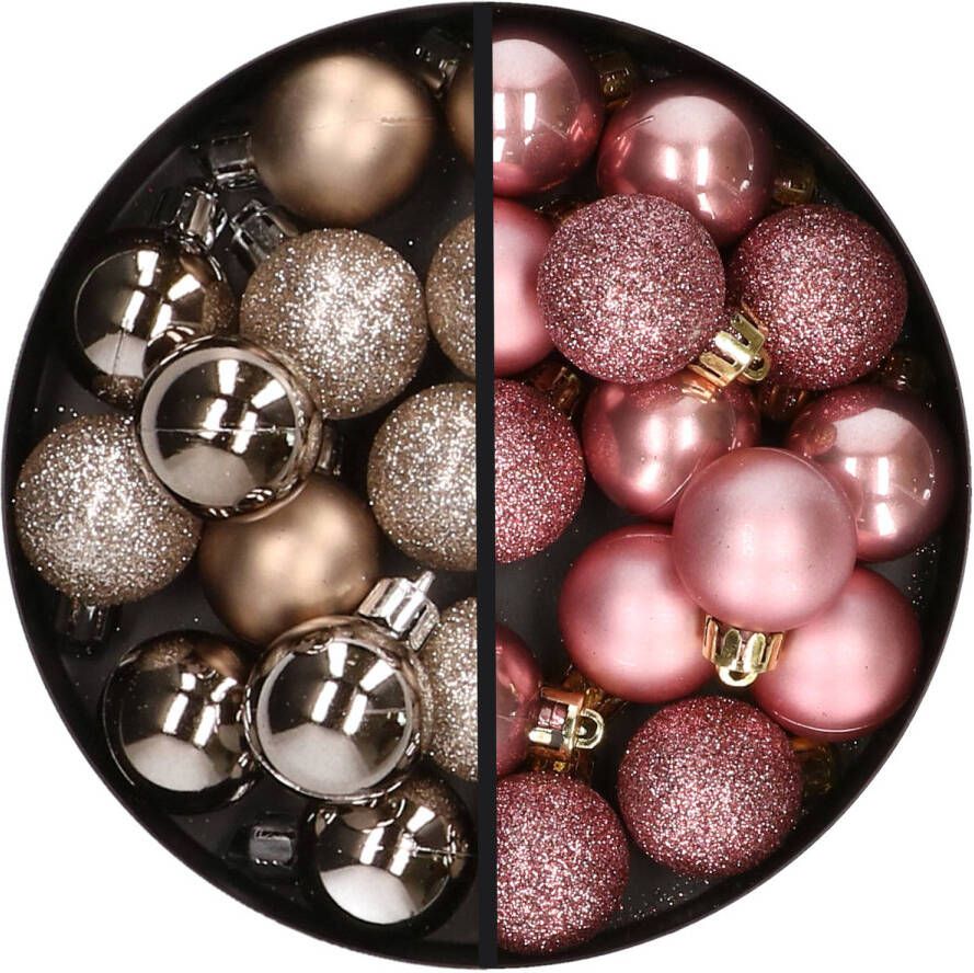 Merkloos 34x stuks kunststof kerstballen champagne en oudroze 3 cm Kerstbal
