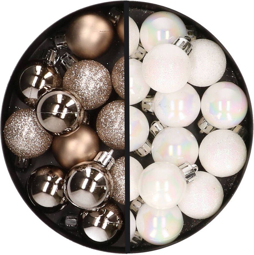 Merkloos 34x stuks kunststof kerstballen champagne en parelmoer wit 3 cm Kerstbal