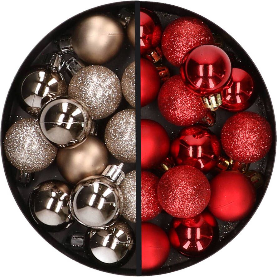 Merkloos 34x stuks kunststof kerstballen champagne en rood 3 cm Kerstbal