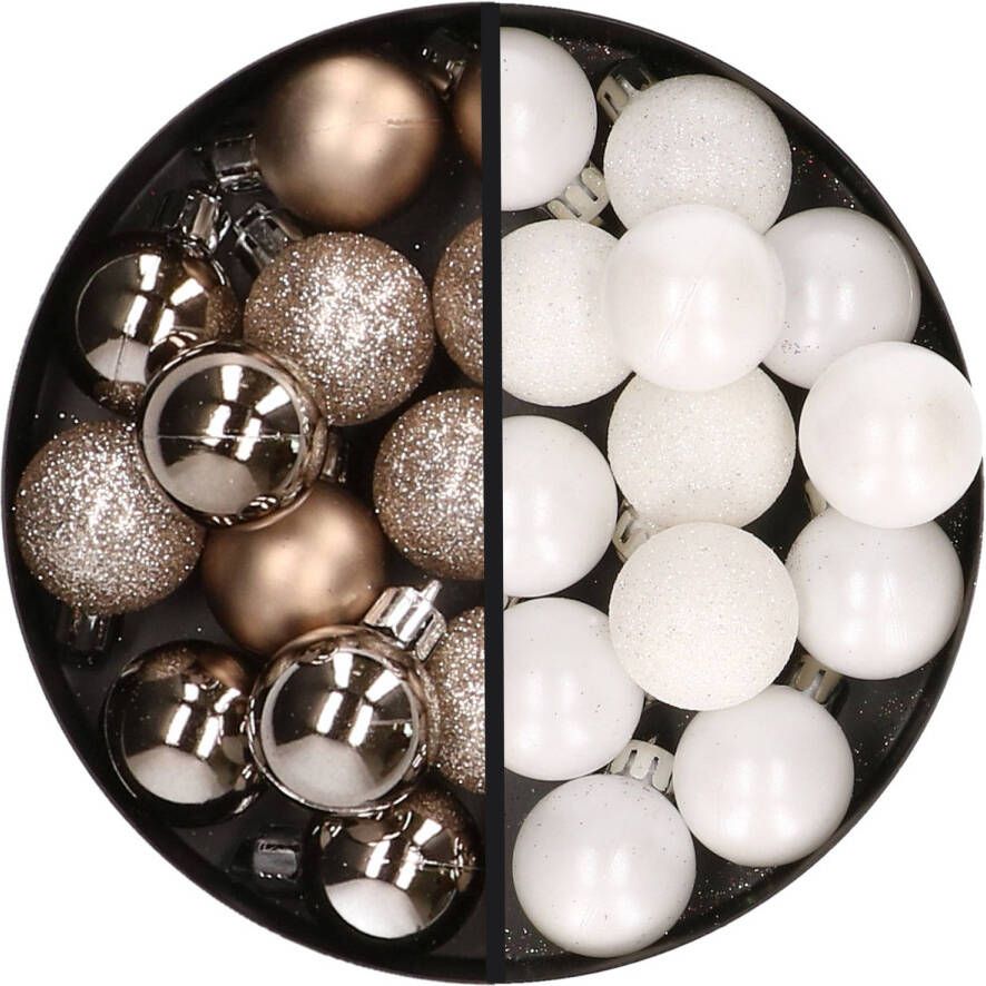 Merkloos 34x stuks kunststof kerstballen champagne en wit 3 cm Kerstbal