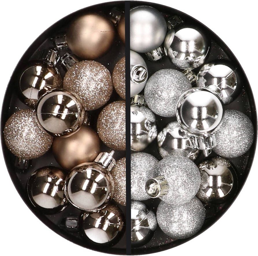 Merkloos 34x stuks kunststof kerstballen champagne en zilver 3 cm Kerstbal