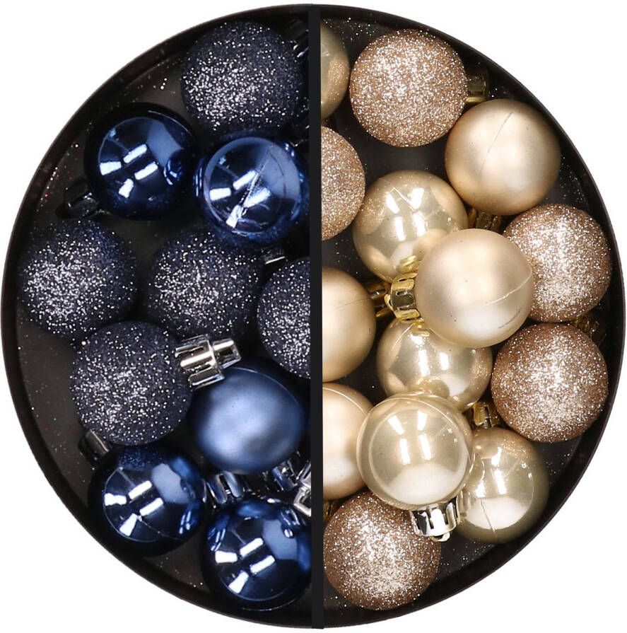 Merkloos 34x stuks kunststof kerstballen donkerblauw en champagne 3 cm Kerstbal