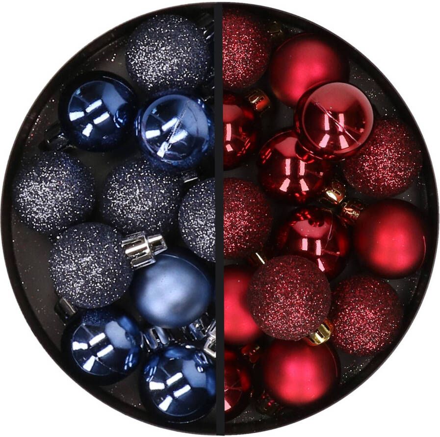 Merkloos 34x stuks kunststof kerstballen donkerblauw en donkerrood 3 cm Kerstbal