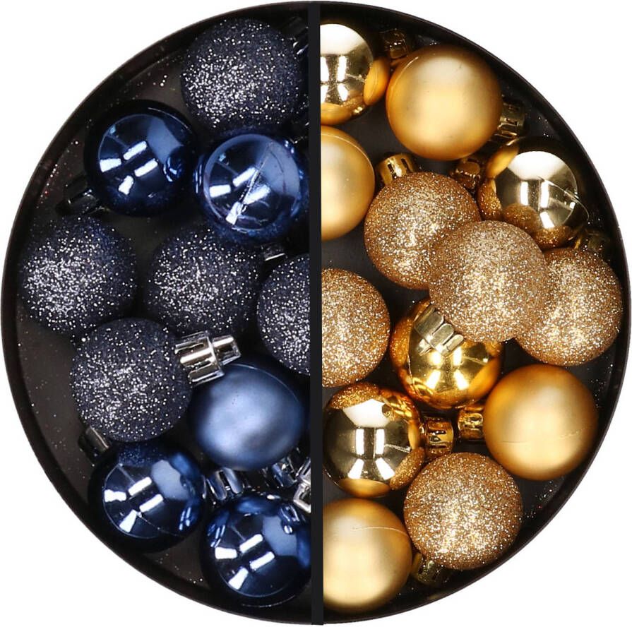 Merkloos 34x stuks kunststof kerstballen donkerblauw en goud 3 cm Kerstbal