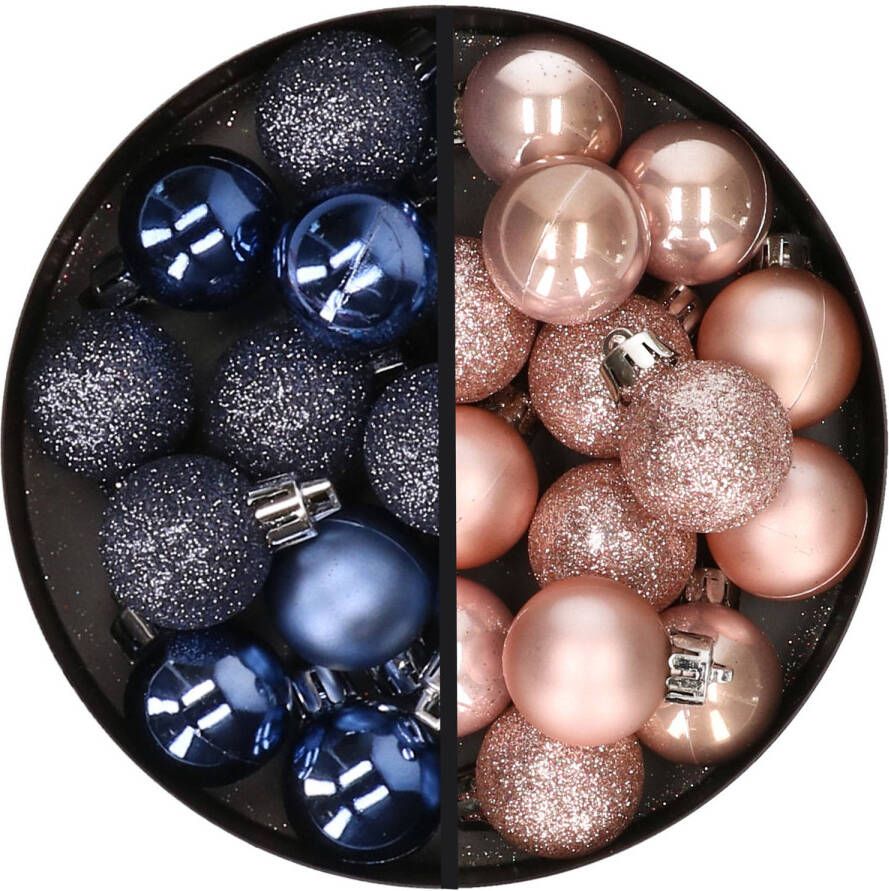 Merkloos 34x stuks kunststof kerstballen donkerblauw en lichtroze 3 cm Kerstbal