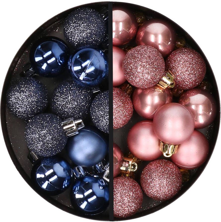 Merkloos 34x stuks kunststof kerstballen donkerblauw en oudroze 3 cm Kerstbal