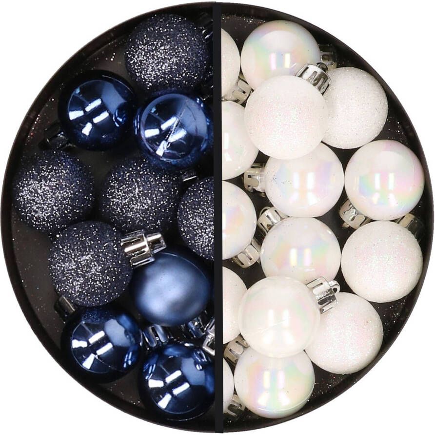 Merkloos 34x stuks kunststof kerstballen donkerblauw en parelmoer wit 3 cm Kerstbal