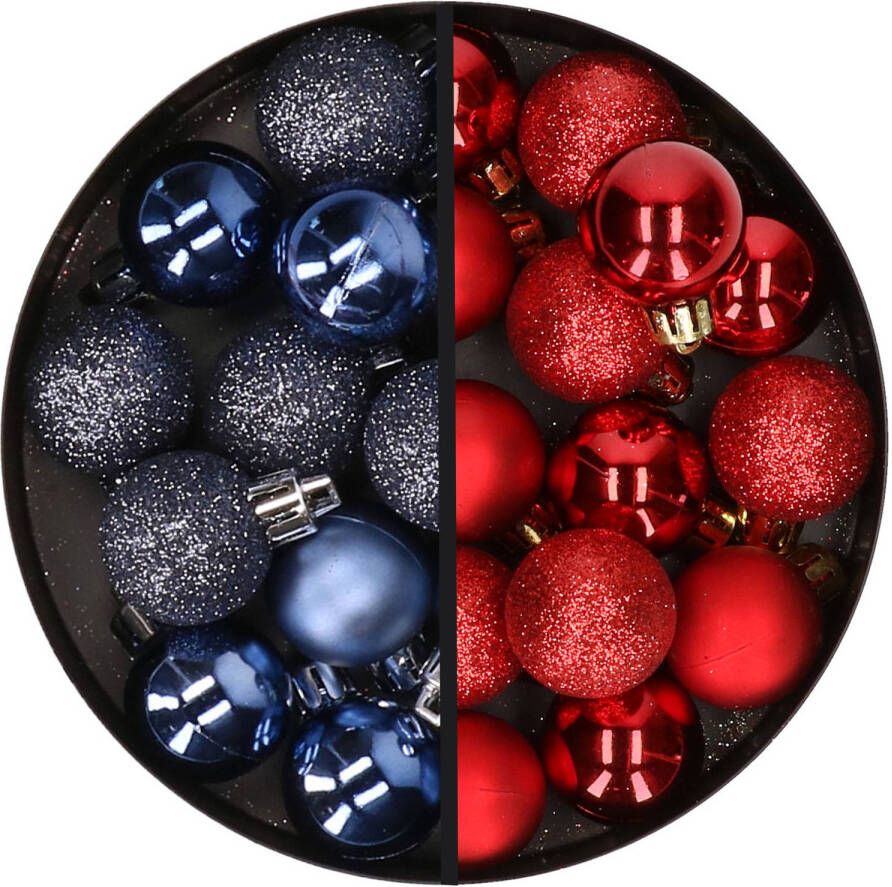 Merkloos 34x stuks kunststof kerstballen donkerblauw en rood 3 cm Kerstbal