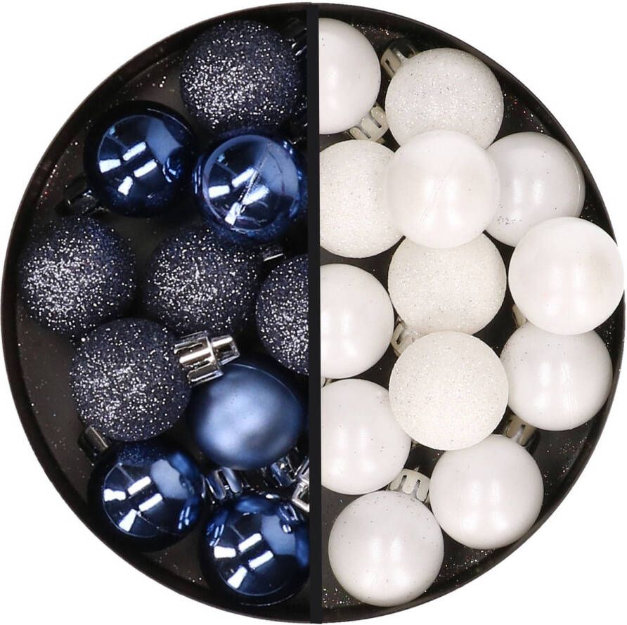 Merkloos 34x stuks kunststof kerstballen donkerblauw en wit 3 cm Kerstbal