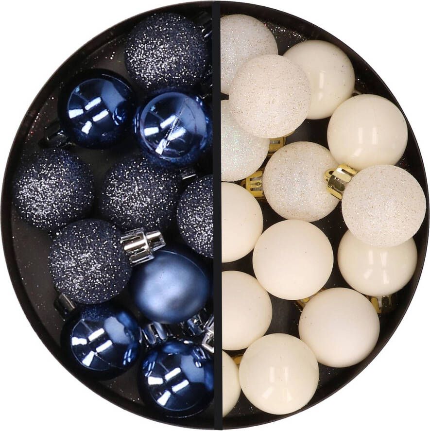 Merkloos 34x stuks kunststof kerstballen donkerblauw en wolwit 3 cm Kerstbal