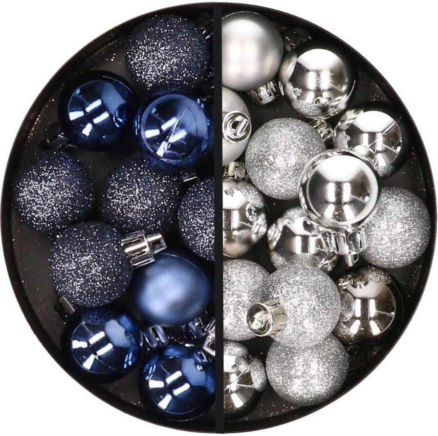 Merkloos 34x stuks kunststof kerstballen donkerblauw en zilver 3 cm Kerstbal