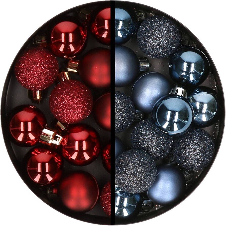 Merkloos 34x stuks kunststof kerstballen donkerrood en donkerblauw 3 cm Kerstbal