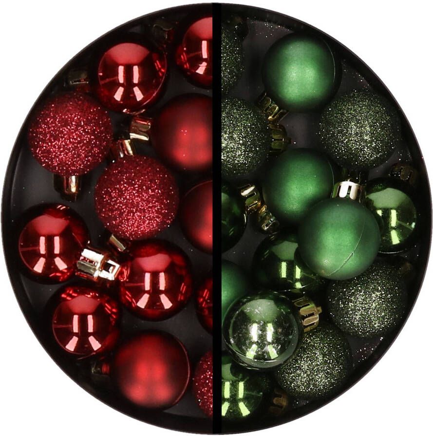 Merkloos 34x stuks kunststof kerstballen donkerrood en donkergroen 3 cm Kerstbal