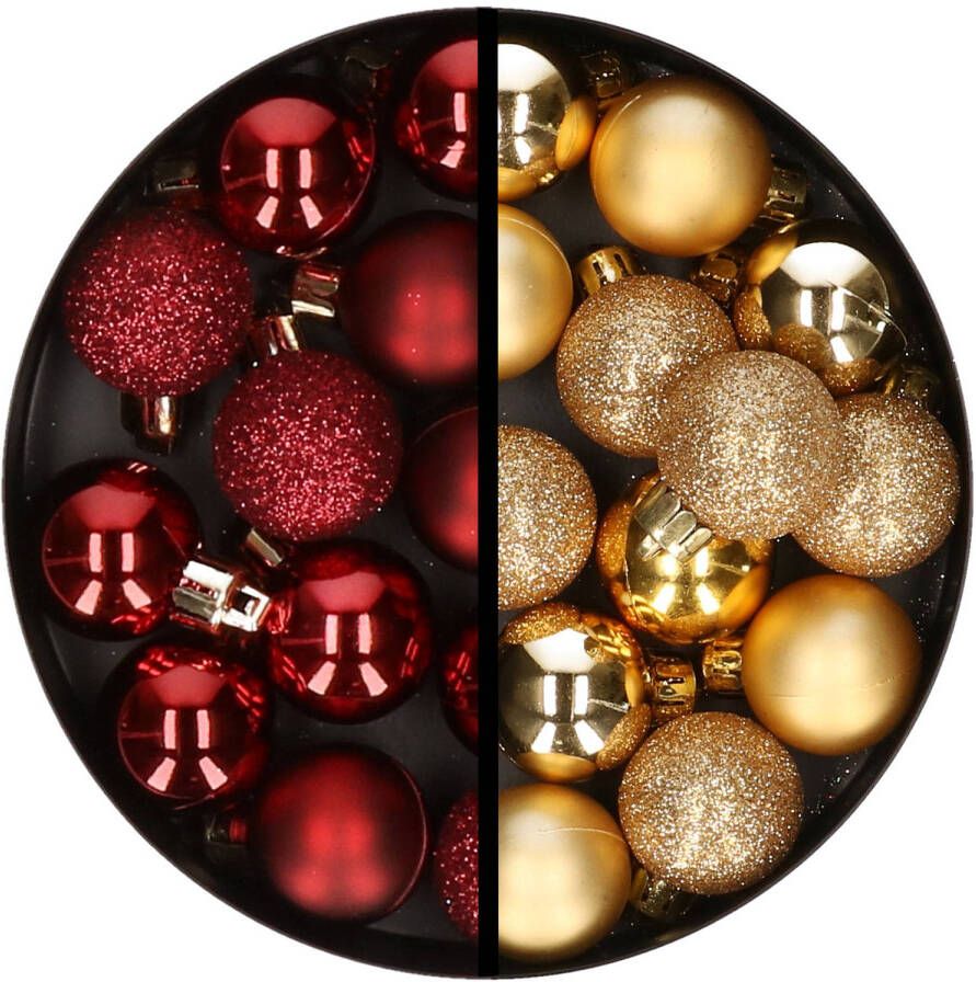 Merkloos 34x stuks kunststof kerstballen donkerrood en goud 3 cm Kerstbal