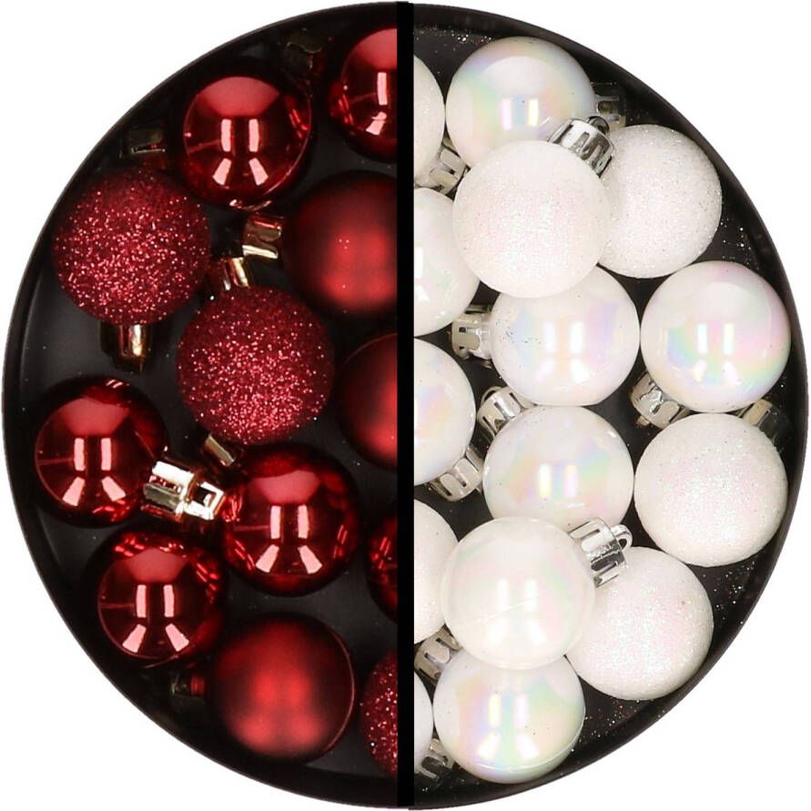 Merkloos 34x stuks kunststof kerstballen donkerrood en parelmoer wit 3 cm Kerstbal