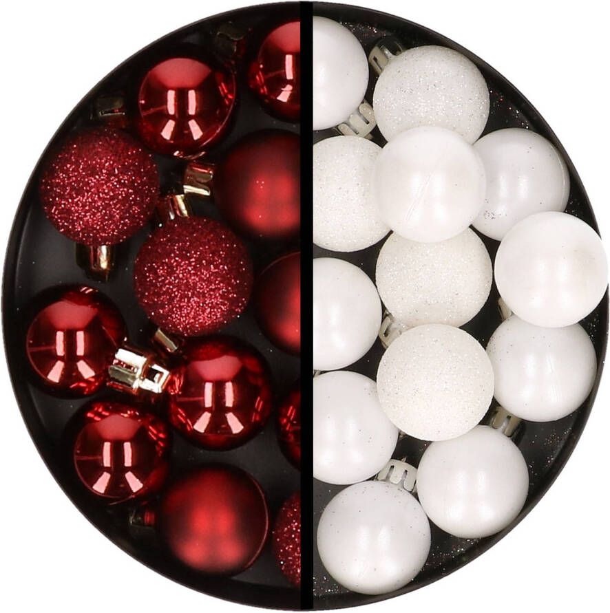 Merkloos 34x stuks kunststof kerstballen donkerrood en wit 3 cm Kerstbal
