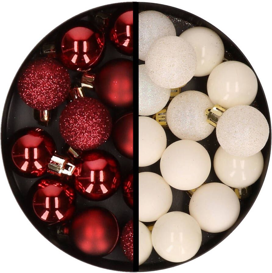 Merkloos 34x stuks kunststof kerstballen donkerrood en wolwit 3 cm Kerstbal