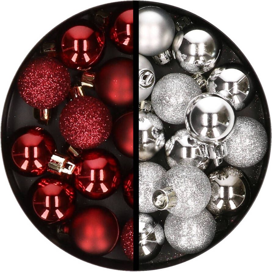 Merkloos 34x stuks kunststof kerstballen donkerrood en zilver 3 cm Kerstbal