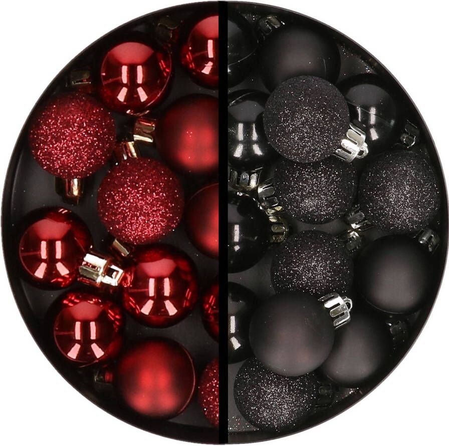 Merkloos 34x stuks kunststof kerstballen donkerrood en zwart 3 cm Kerstbal