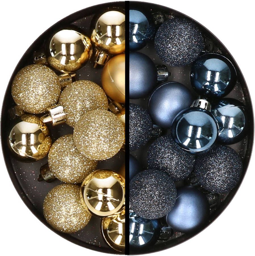 Merkloos 34x stuks kunststof kerstballen goud en donkerblauw 3 cm Kerstbal