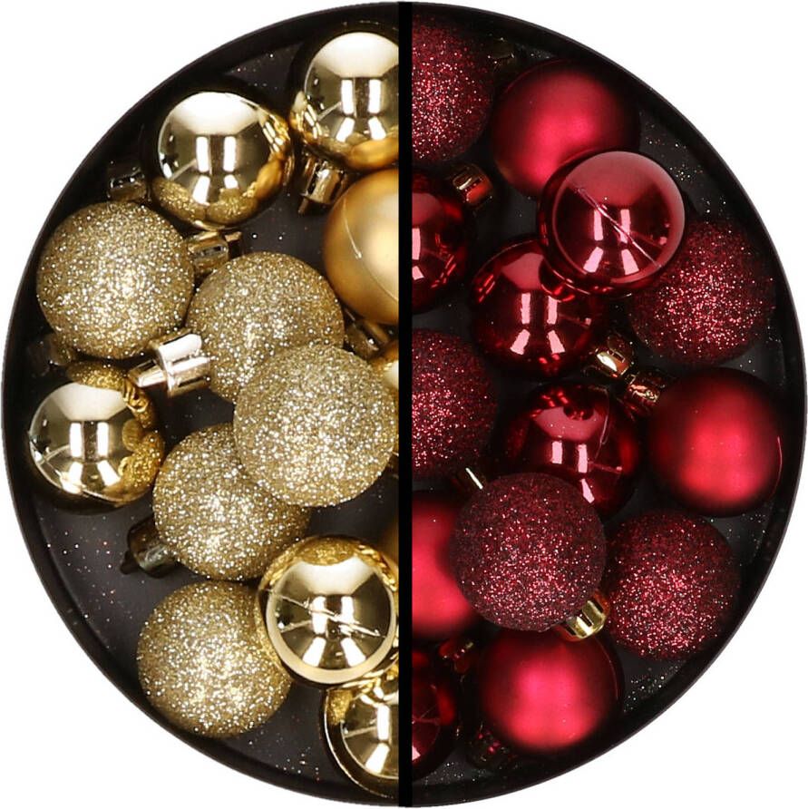 Merkloos 34x stuks kunststof kerstballen goud en donkerrood 3 cm Kerstbal