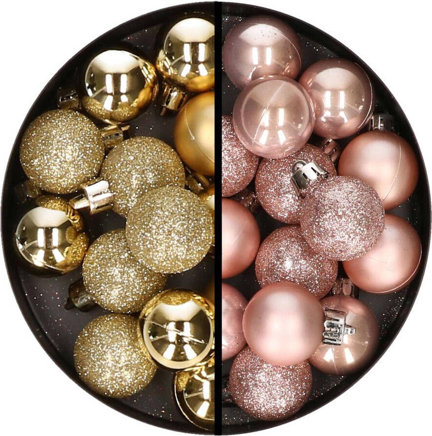 Merkloos 34x stuks kunststof kerstballen goud en lichtroze 3 cm Kerstbal