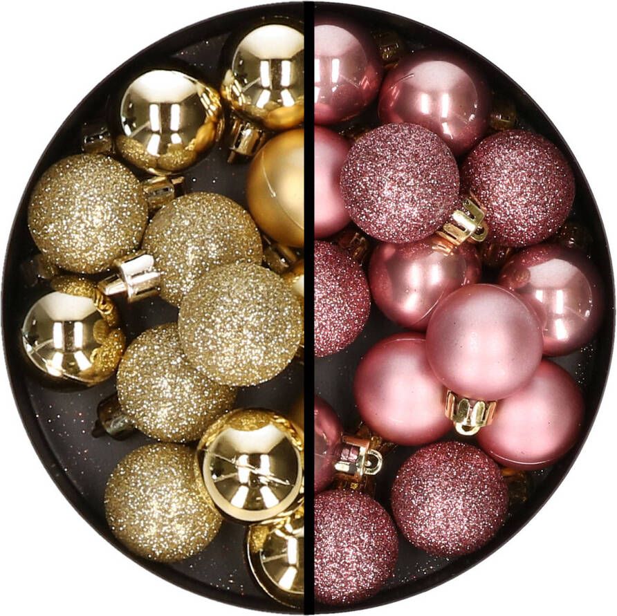 Merkloos 34x stuks kunststof kerstballen goud en oudroze 3 cm Kerstbal