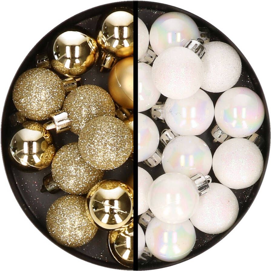 Merkloos 34x stuks kunststof kerstballen goud en parelmoer wit 3 cm Kerstbal