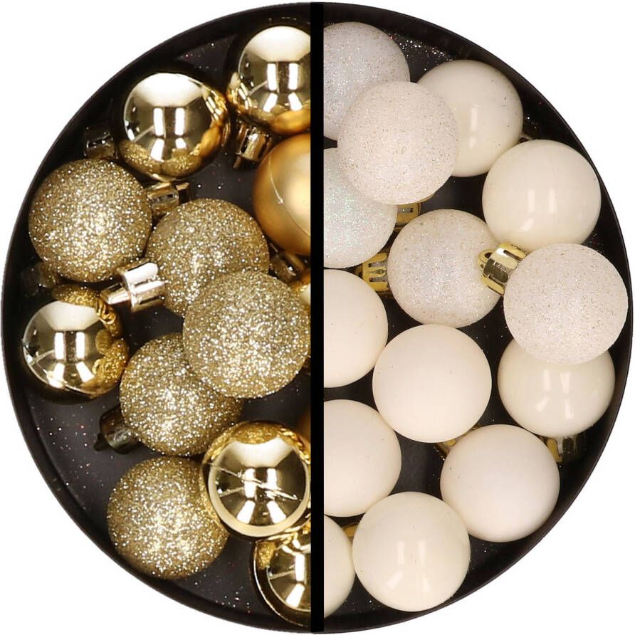 Merkloos 34x stuks kunststof kerstballen goud en wolwit 3 cm Kerstbal