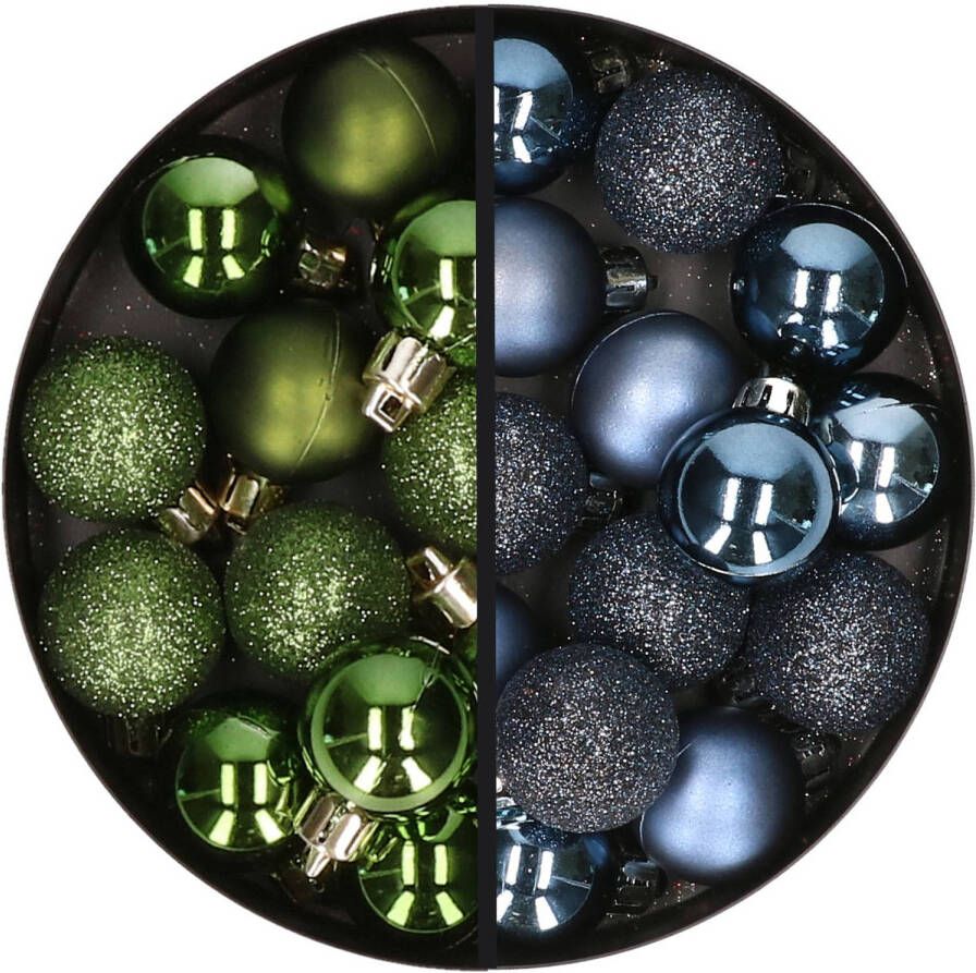 Merkloos 34x stuks kunststof kerstballen groen en donkerblauw 3 cm Kerstbal