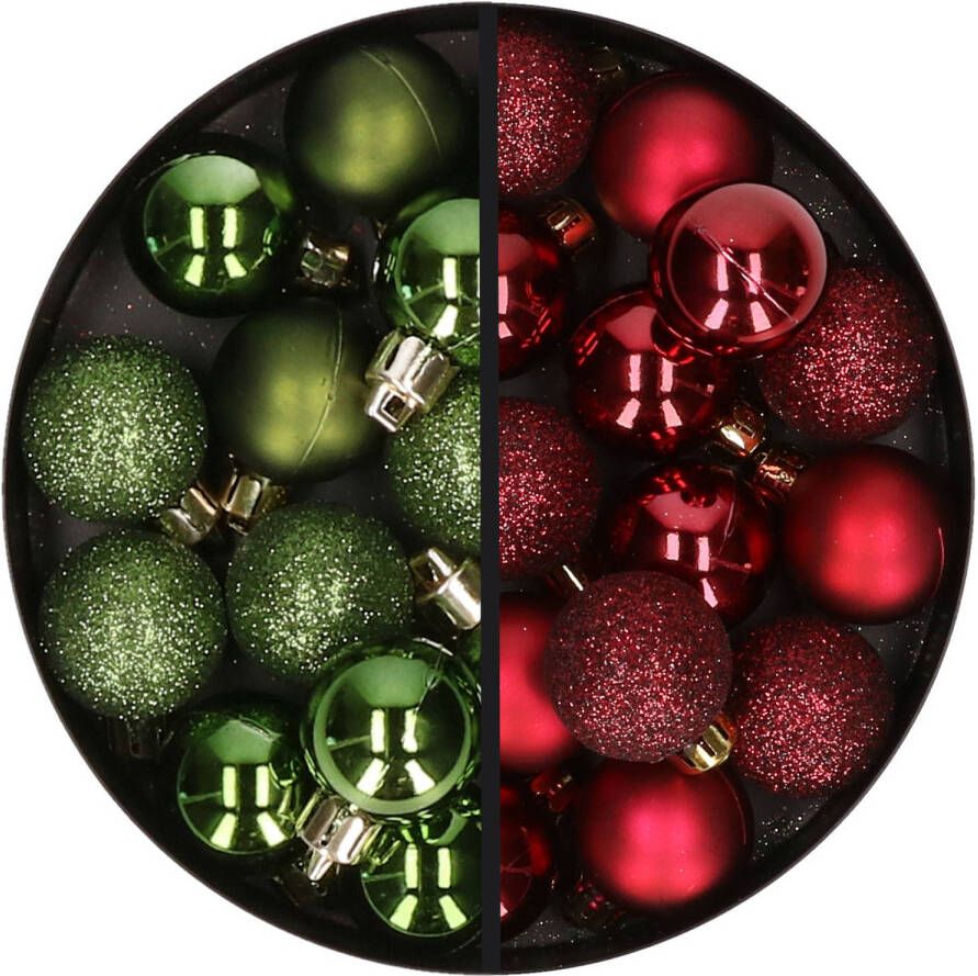 Merkloos 34x stuks kunststof kerstballen groen en donkerrood 3 cm Kerstbal