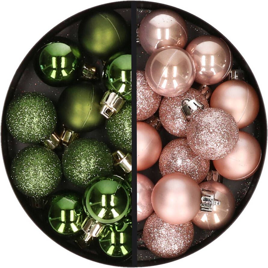 Merkloos 34x stuks kunststof kerstballen groen en lichtroze 3 cm Kerstbal