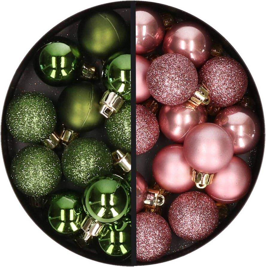 Merkloos 34x stuks kunststof kerstballen groen en oudroze 3 cm Kerstbal