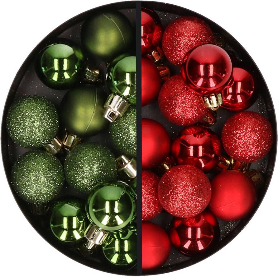 Merkloos 34x stuks kunststof kerstballen groen en rood 3 cm Kerstbal