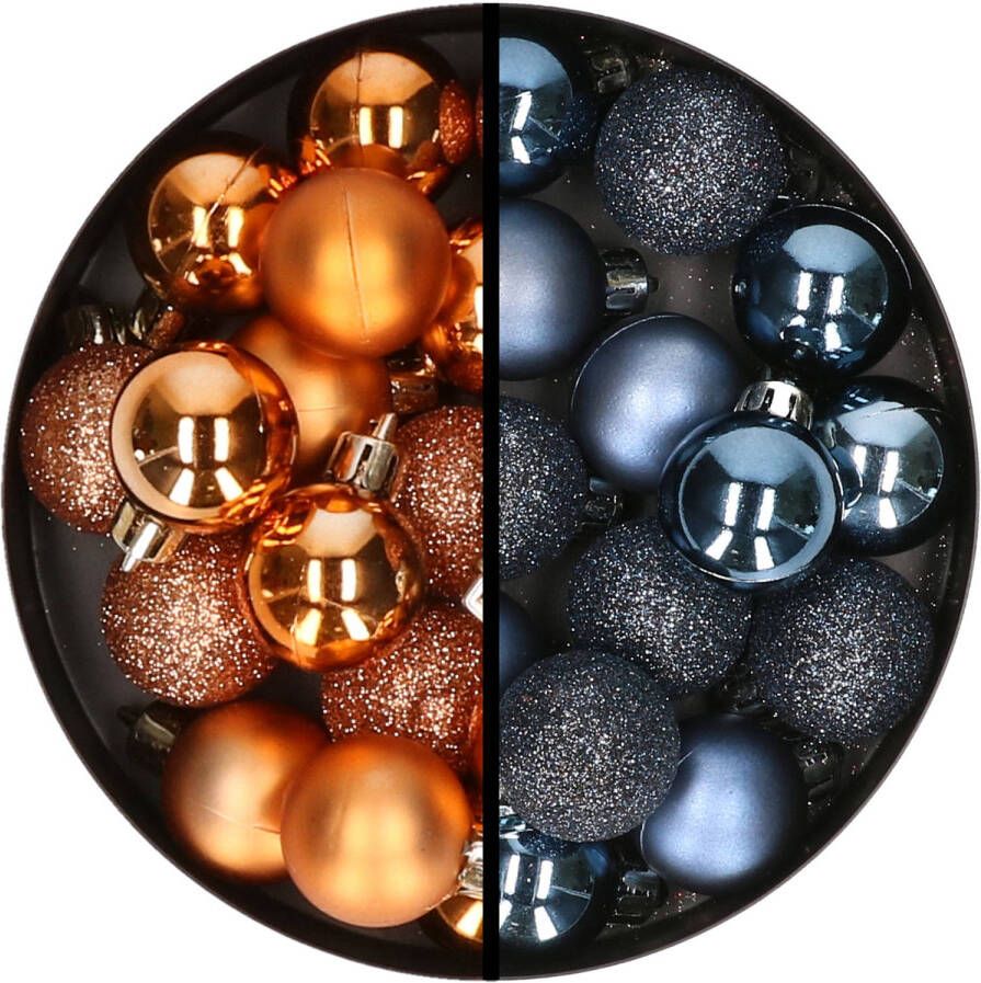 Merkloos 34x stuks kunststof kerstballen koper en donkerblauw 3 cm Kerstbal