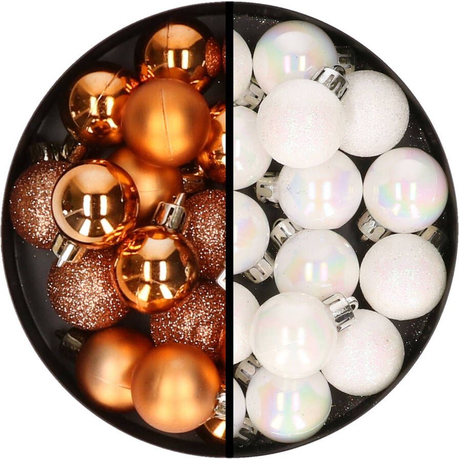Merkloos 34x stuks kunststof kerstballen koper en parelmoer wit 3 cm Kerstbal