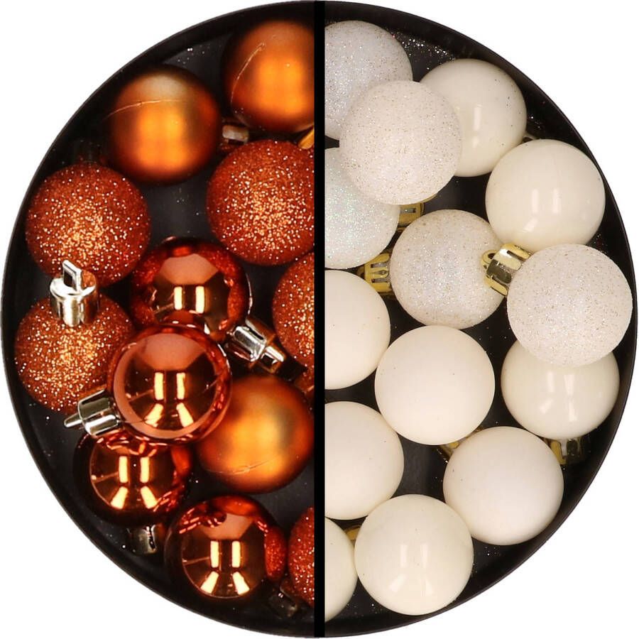 Merkloos 34x stuks kunststof kerstballen oranje en gebroken wit 3 cm Kerstbal
