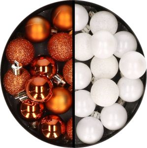 Merkloos 34x stuks kunststof kerstballen oranje en wit 3 cm Kerstbal